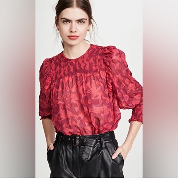 Joie Jamila Red Punk Silk Blouse Top Hibiscus Semi Sheer Size Small - Picture 3 of 14